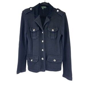 Lauren Ralph Lauren Military Sweater Jacket Button Velvet Collar Black Womens L